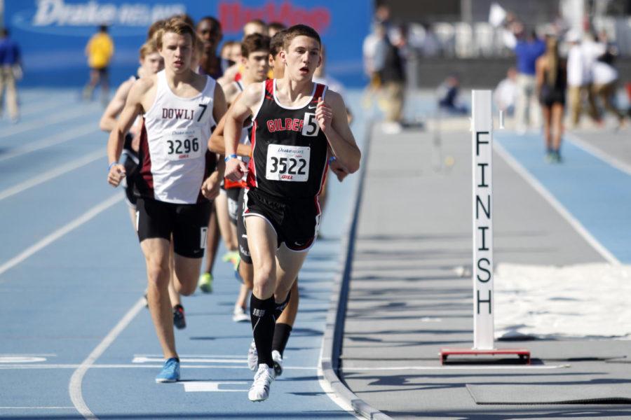 Thomas Pollard of Gilbert High School leads the pack in the boys 3200 meter run at the Drake Relays in Des Moines on Thursday, April 23, 2015. Pollard won the event with a time of 9:07.50.