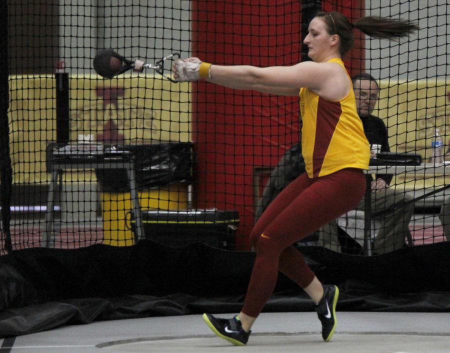 Redshirt junior Kayla Sanborn competes in the womens weight throw on Feb. 14 during the ISU Classic at Lied Recreation Center.