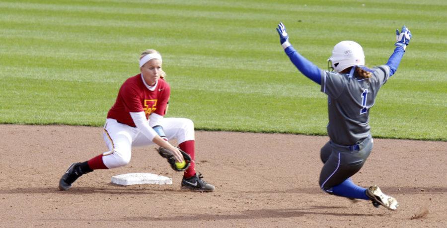 Senior infielder Lexi Slater catches the ball at second base to get an out against the Kirkwood Eagles. ISU softball won both games against the Eagles on Oct. 18 at the Cyclone Sports Complex.