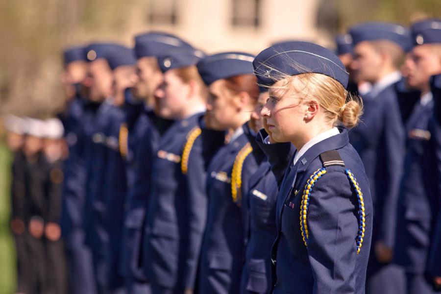 Members of the Air Force ROTC stand at attention during the ROTC Change of Command ceremony Wednesday.