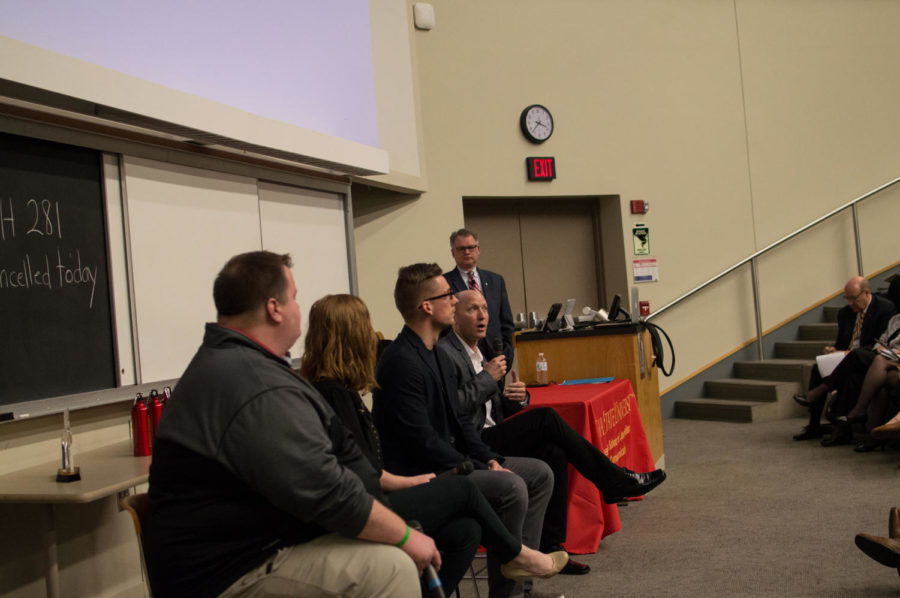The 2015 Futures Forum panelists lead a discussion with the crowd about social media in the workplace. The panel was moderated by Rick Phillips and the panelists includes Aaron Hepker, Emilee Richardson, Justin Wise and Don Moxley.