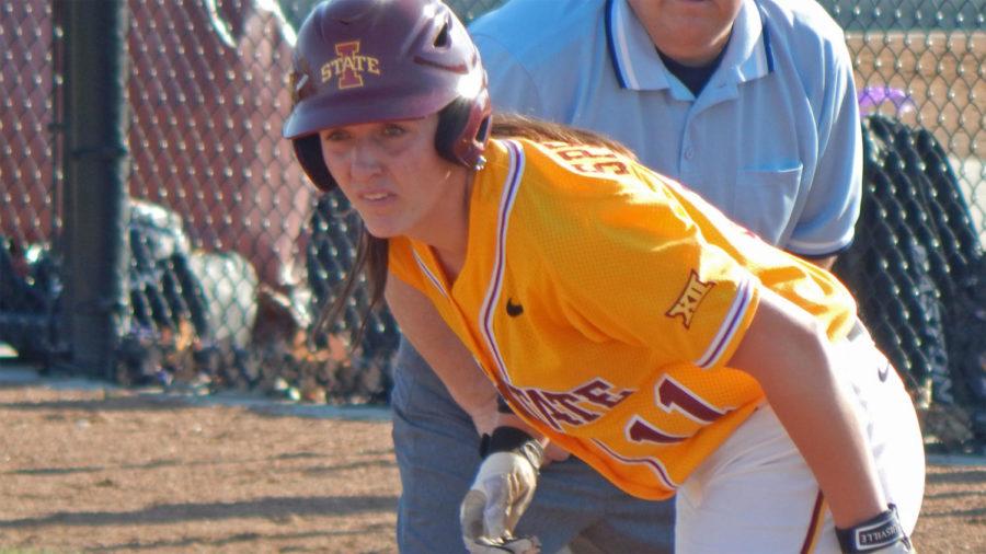 Jorden Spendlove reached first after a single against Northern Iowa on April 1.