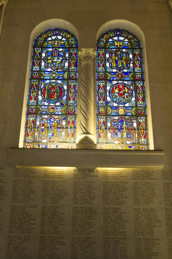 
As a part of the Gold Star Hall, an entrance to the Memorial Union, stained glass windows illustrate the primary virtues an ISU student should strive to have: learning, virility, courage, patriotism, justice, faith, determination, love, obedience, loyalty, integrity and tolerance.

