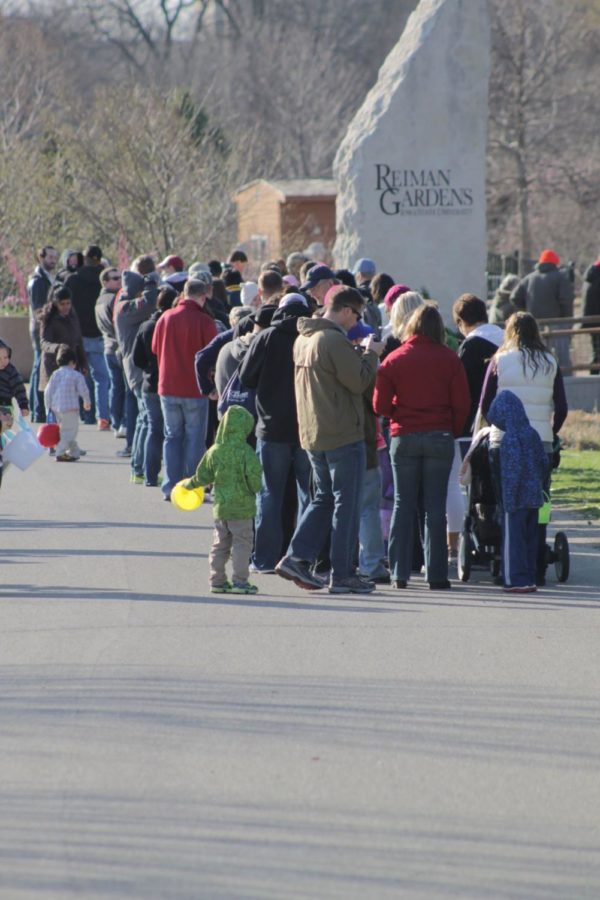 A line formed prior to the 9 a.m. opening at the Reiman Gardens on Saturday. Many families with younger children participated in the Easter egg hunt. 