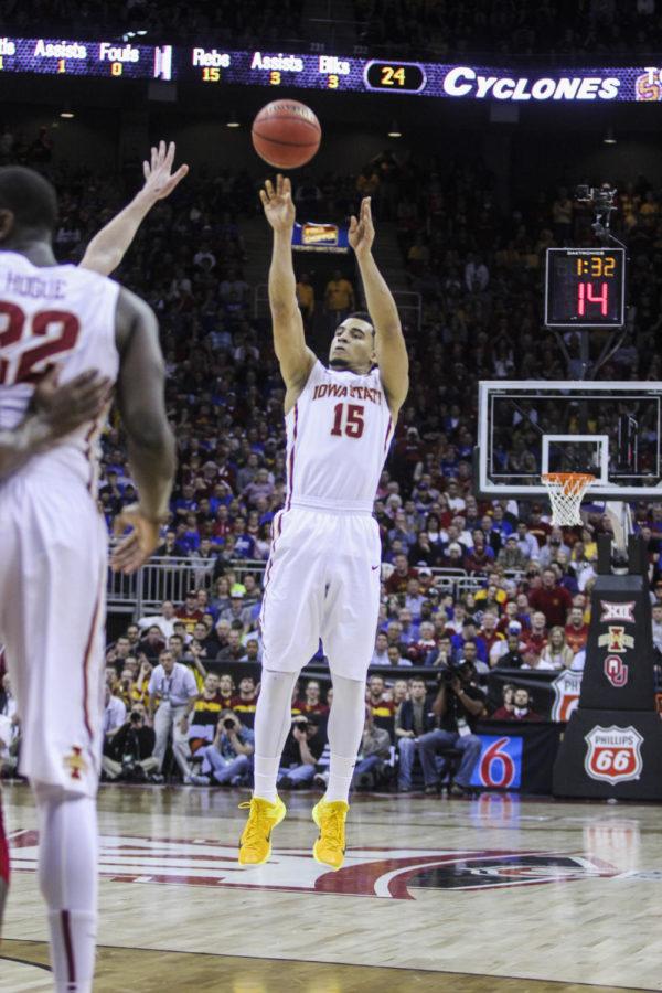 Junior guard Naz Long shoots a three-pointer during the Big 12 Championship semifinal game against Oklahoma on March 13 at the Sprint Center in Kansas City, Mo. The Cyclones defeated the Sooners 67-65 to advance to the final championship game against Kansas on March 14. Long had 8 points for Iowa State.
