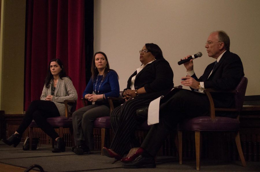 Jerry Stewart, Pamela Anthony, Steffani Simbric and Sara Kellogg lead a discussion with ISU students about sexual assault on campus. The discussion took place April 15 in the Great Hall of the MU.