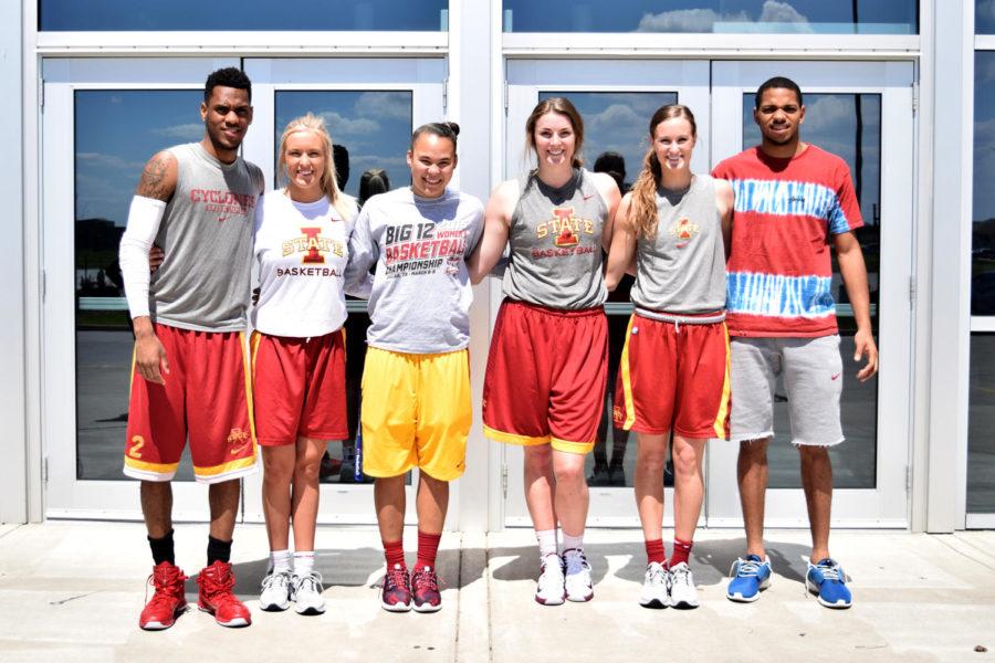 ISU basketball players (from left) Monte Morris, Jadda Buckley, Nicole Kidd Blaskowsky, Jordan Jensen, Lexi Albrecht and Hallice Cooke will volunteer as camp counselors Sunday, May 3 at the LLS Camp for a CURE. All proceeds from the one-day camp, which will take place at the All Iowa Attack Field House in Ames, will go to the Leukemia and Lymphoma Society.
