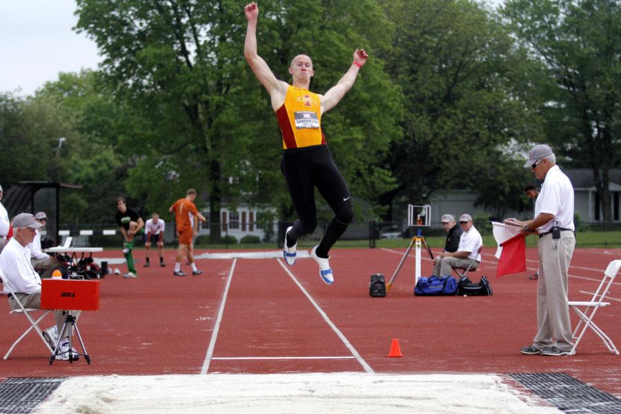 Redshirt junior Taylor Sanderson competes in the long jump at the Big 12 Outdoor Track & Field Championships on May 15, 2015 at the Cyclone Sports Complex in Ames, Iowa.