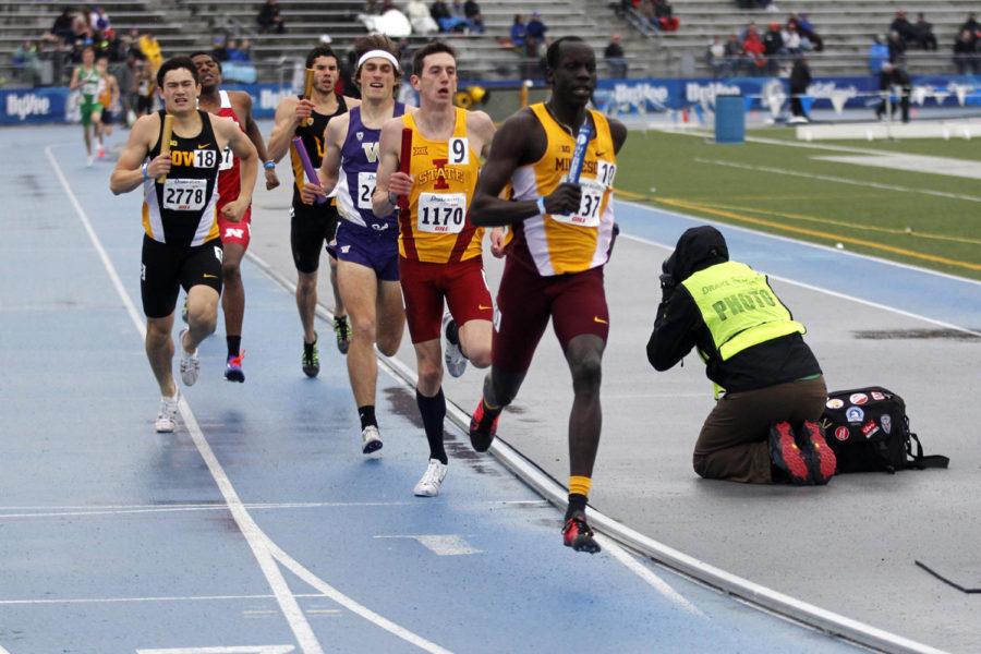 Redshirt senior Patrick Peterson runs the third leg of the mens distance medley relay at the Drake Relays on April 25 in Des Moines.