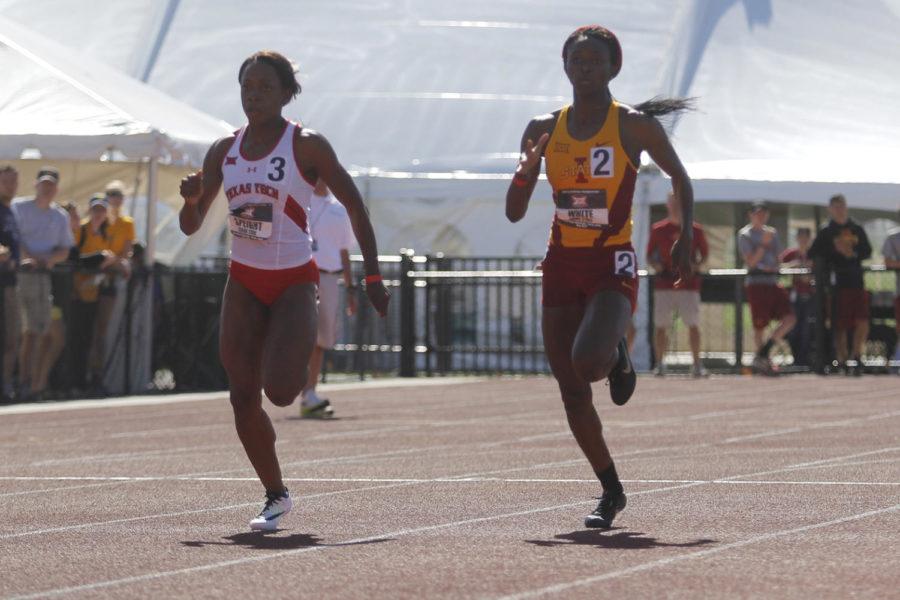 Senior Kendra White runs the final stretch of the 400-meter dash at the Big 12 Outdoor Championship on May 17 at the Cyclone Sports Complex in Ames.