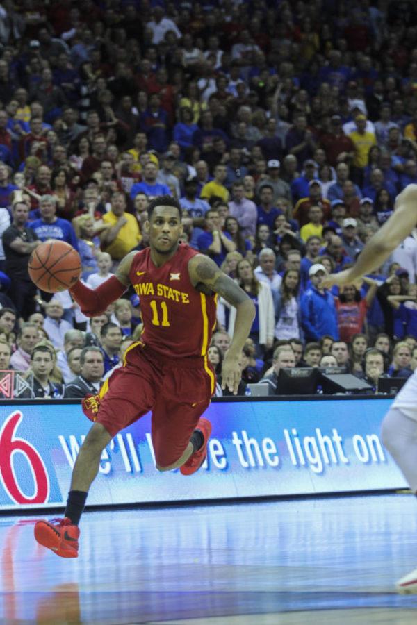 Sophomore guard Monte Morris runs down the court at the Big 12 Championship final against Kansas on March 14 at the Sprint Center in Kansas City, Mo. The Cyclones defeated the Jayhawks 70-66 to win their second-consecutive championship.
