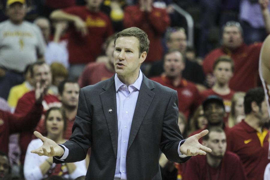 ISU coach Fred Hoiberg reacts to a call from a referee during the game against Texas in the Big 12 Championship quarterfinal game on March 12 at the Sprint Center in Kansas City, Mo. After trailing the entire game, the Cyclones came back to win 69-67.