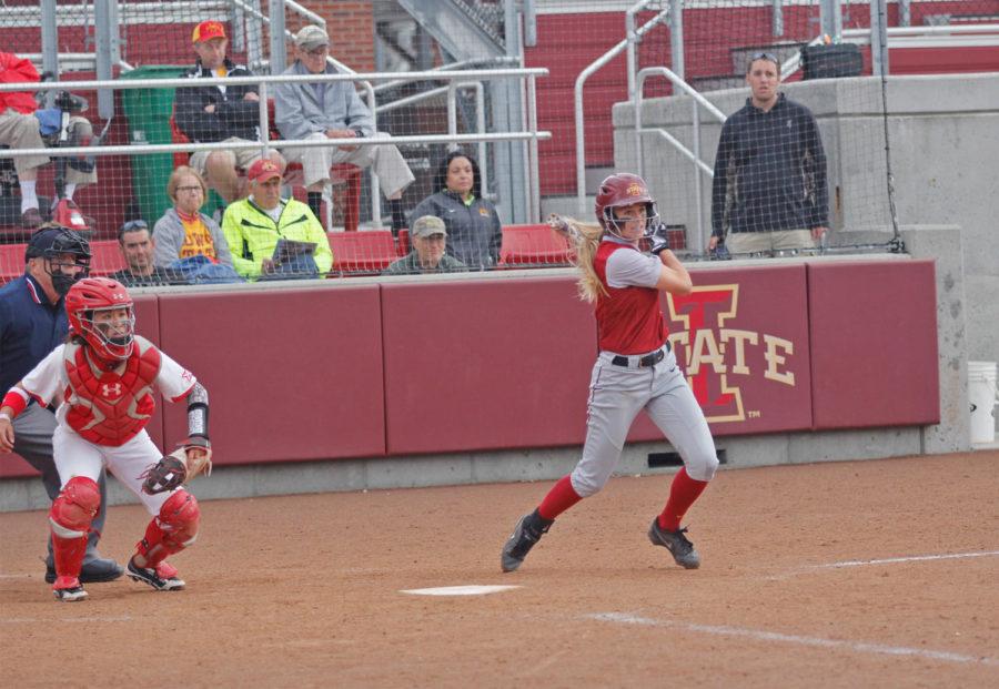 Senior shortstop Lexi Slater hits a single in the first game of Iowa States doubleheader against Texas Tech on May 2. Iowa State won 5-2. 