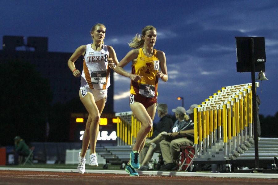 Redshirt senior Katy Moen competes in the 10,000-meter run at the Big 12 Outdoor Track and Field Championships on May 15 at the Cyclone Sports Complex in Ames. Moen finished second in the race.