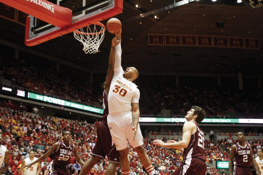 Forward Royce White goes for a dunk during the first half of Iowa States game against Texas A&M on Feb. 11, 2012 at Hilton Coliseum. White scored 5 points and had 10 rebounds in the game.