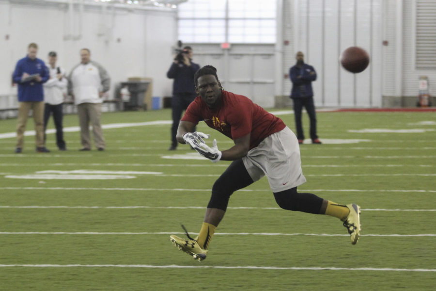 EJ Bibbs makes a catch at Pro Day on Tuesday, March 24. Twenty-seven NFL scouts came to watch ISU athletes.