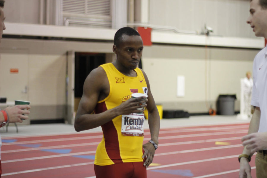 Senior Edward Kemboi takes a breather after finishing first in the 800-meter run. The Big 12 Indoor Championship took place at Lied Recreation Athletic Center on Feb. 28. Texas took the trophies for both mens and womens track and field.