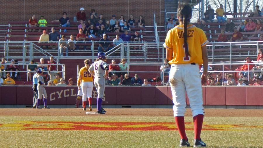 Brittany Gomez awaits the next play against Northern Iowa on April 1.
