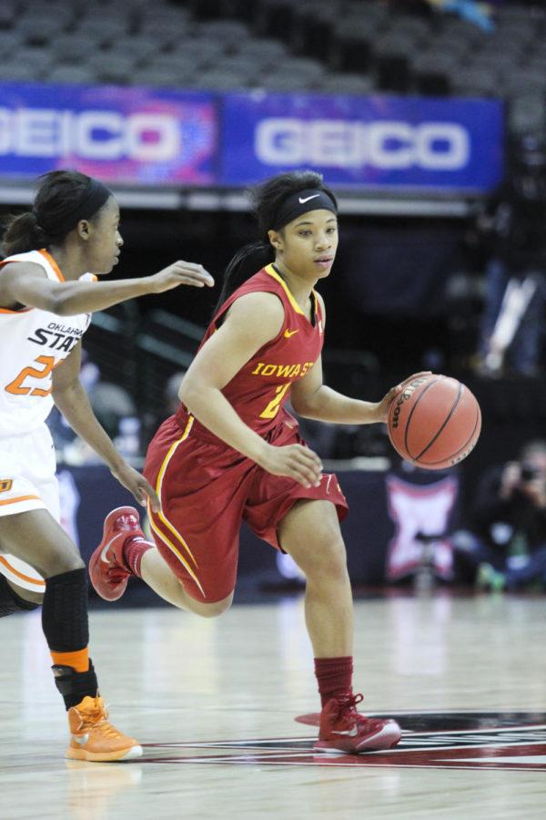 Freshman guard Nakiah Bell runs the ball down the court during the 2015 Big 12 Championship quarterfinal game against Oklahoma State in Dallas, Texas. The Cyclones fell to the Cowgirls 67-58.