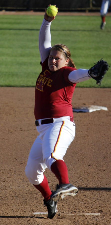 Senior Stacy Roggentien, right-handed pitcher, winds up for the pitch. Iowa State softball won both games against the Kirkwood Eagles on Oct. 18 at the Cyclone Sports Complex.