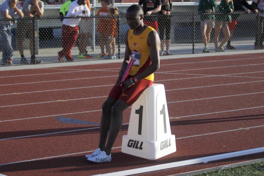 Senior+Edward+Kemboi+waits+at+the+starting+line+for+the+start+of+the+4x400-meter+relay+at+the+Big+12+Outdoor+Track+and+Field+Championships+at+the+Cyclone+Sports+Complex+in+Ames+on+May+17%2C+2015.