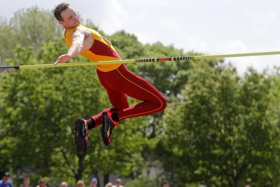 Redshirt senior Cameron Ostrowski clears the high jump bar at the Big 12 Outdoor Track & Field Championships at the Cyclone Sports Complex in Ames on May 16, 2015.