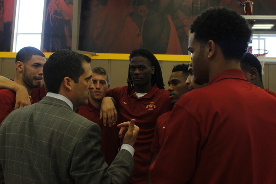 Steve Prohm talks with ISU basketball players at his press conference on Tuesday, June 9, 2015 at the Sukup Basketball Complex.