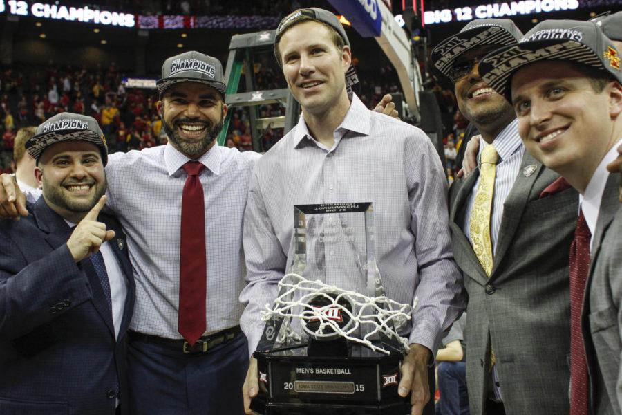 Fred+Hoiberg+celebrates+his+second+consecutive+Big+12+tournament+championship+after+Iowa+State+defeated+Kansas+on+March+14%2C+2015.%C2%A0