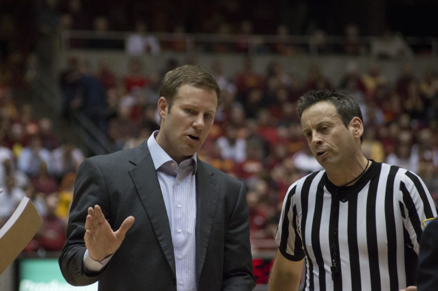 ISU coach Fred Hoiberg discusses a referees call during the Iowa State and Kansas State mens basketball game on Jan. 20. Iowa State won 77-71.