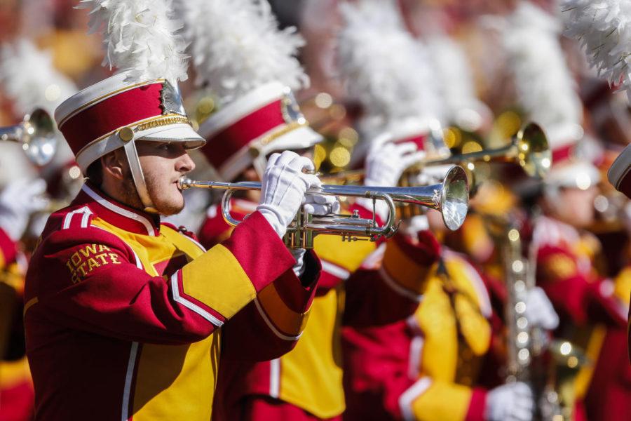 The ISU marching band plays before the Homecoming game against Toledo on Oct. 11, 2014 at Jack Trice Stadium.