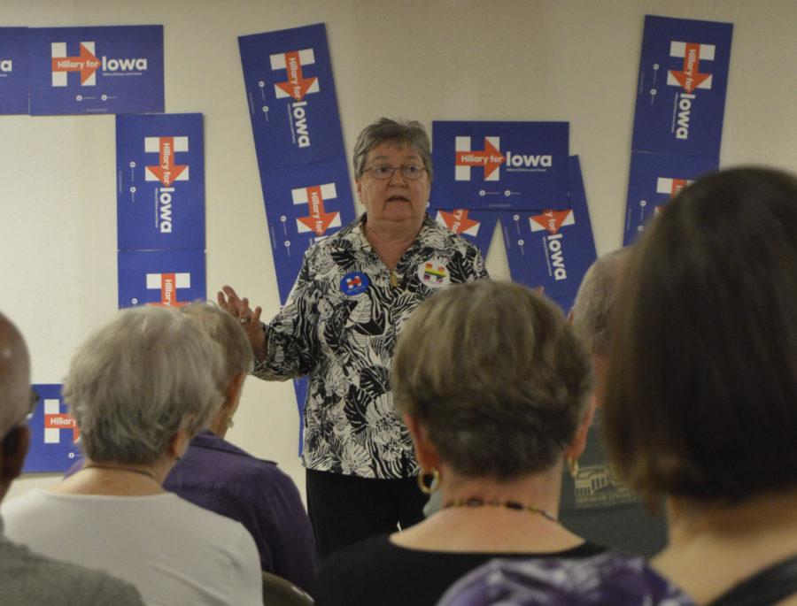 Former Planned Parenthood CEO Jill June speaks to Hillary Clinton supporters at her Ames campaign office open house on Tuesday, June 30. Clinton was not in attendance.