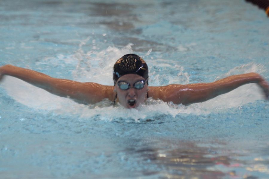 Freshman+Mary+Kate+Luddy+swims+the+200-yard+butterfly.+Luddy+earned+second+place+in+the+event+as+Iowa+State+defeated+West+Virginia+157-143+on+Jan.+24.%C2%A0