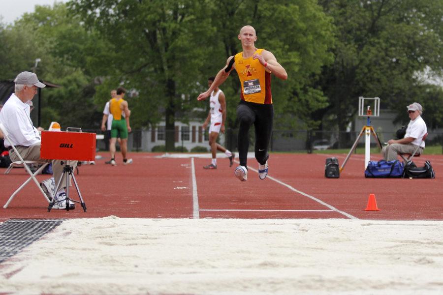 Redshirt senior Taylor Sanderson competes in the long jump at the Big 12 Outdoor Track and Field Championships on May 15 at the Cyclone Sports Complex in Ames.