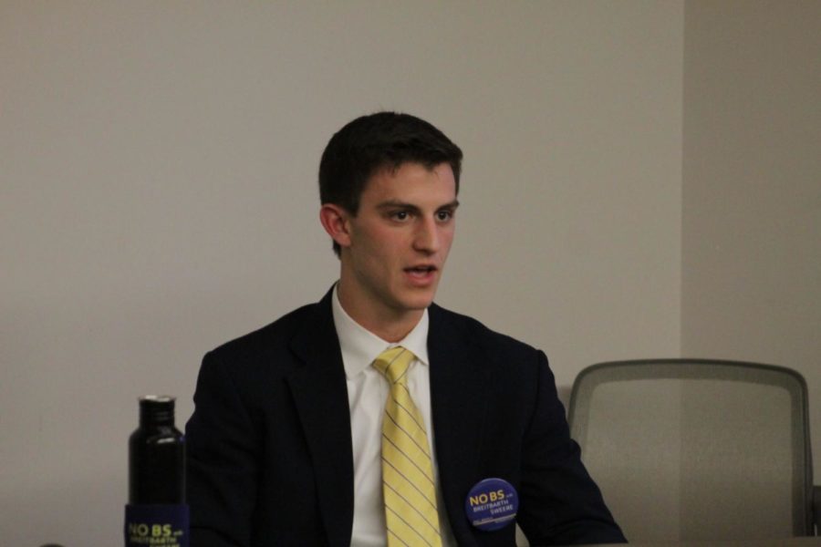 GSB presidential candidate Daniel Breitbarth states his opinion on the subject of overcrowding. Breitbarth doesnt believe students should have to move after their first semester in the dorm rooms. The debate took place Feb. 26 in the Multicultural Center of the Memorial Union. 