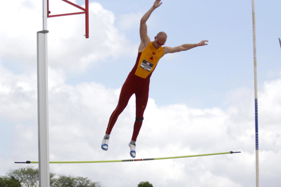 Redshirt junior Taylor Sanderson lands while competing in the pole vault at the Big 12 Outdoor Track and Field Championships at the Cyclone Sports Complex in Ames on May 16, 2015.