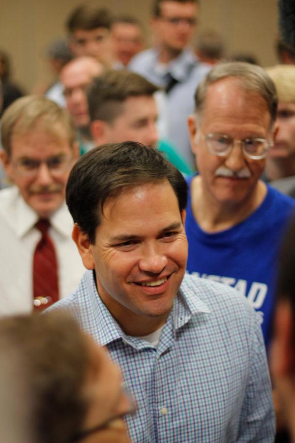 Florida Senator and 2016 Presidential Candidate, Marco Rubio speaks one-on-one with members of the crowd at the Holliday Inn in Ames on June 6. Rubio hosted a meet and greet before going to Jonis 1st annual Roast and Ride, hosted by Iowa Senator Joni Ernst.