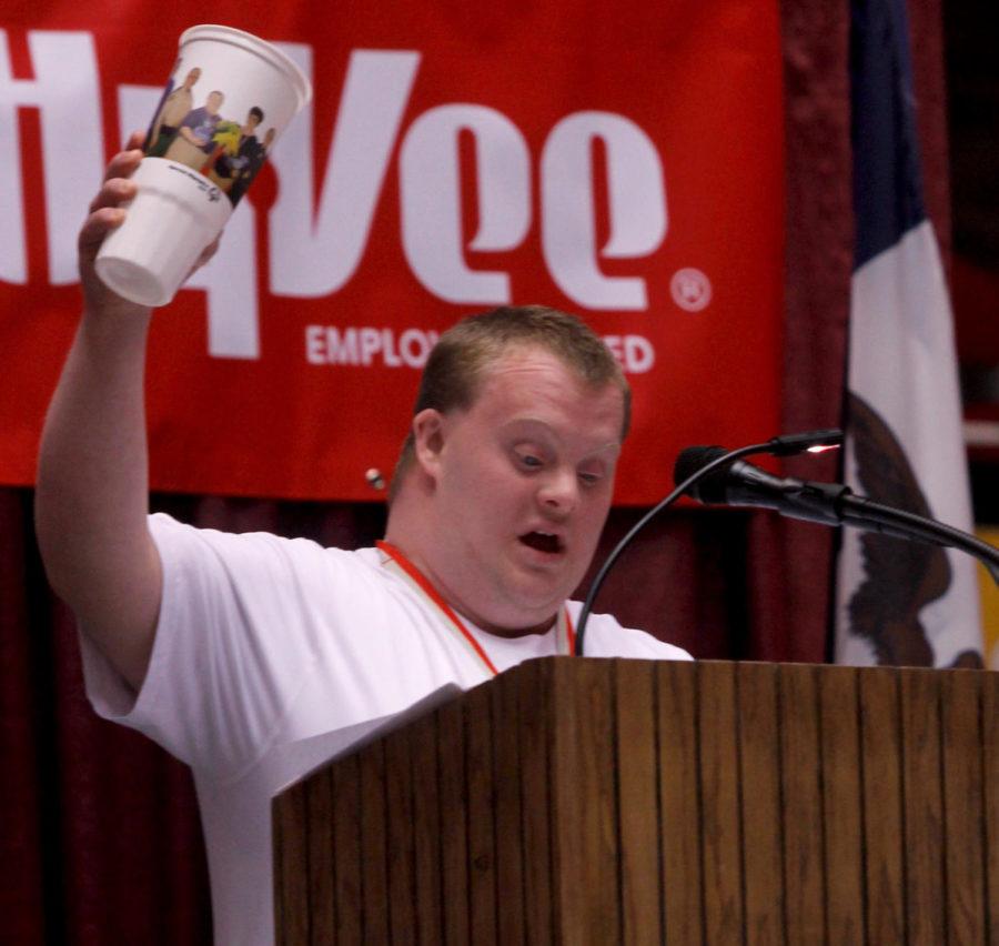 Patrick Gulbranson gave the opening speech at the opening ceremonies of the Special Olympics Iowa Summer games.