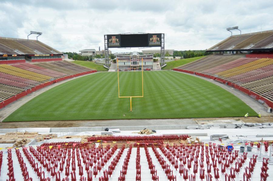 The view from just outside the upper-level of the Sukup End Zone Club at Jack Trice Stadium. Workers are now installing seat frames as part of the $60 million project closing the south end of the stadium.