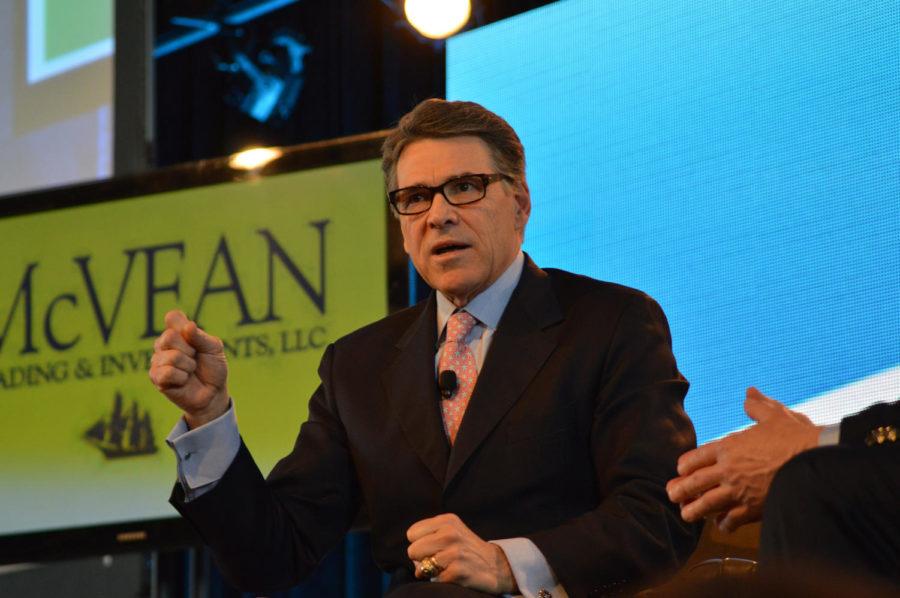 Bruce Rastetter conducts a Q&A session with former Texas Gov. Rick Perry about agricultural issues facing the world today. The session was a part of the 2015 Ag Summit that took place in Des Moines on March 7.