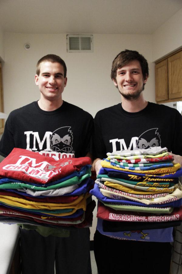Ryan Jennings, left, senior in mechanical engineering, and Nick McLaren, senior in computer engineering, collectively claim 44 ISU intramural championship titles. McLaren has 23, and Jennings has 21. Their titles include an intramural T-shirt for every win.