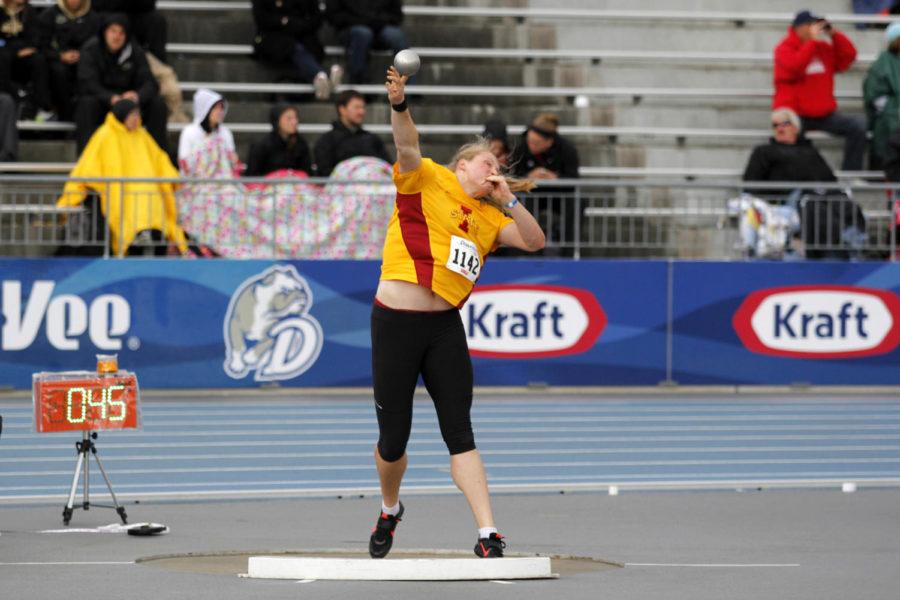 Senior Christina Hillman throws the shot put at the Drake Relays in Des Moines on April 24.