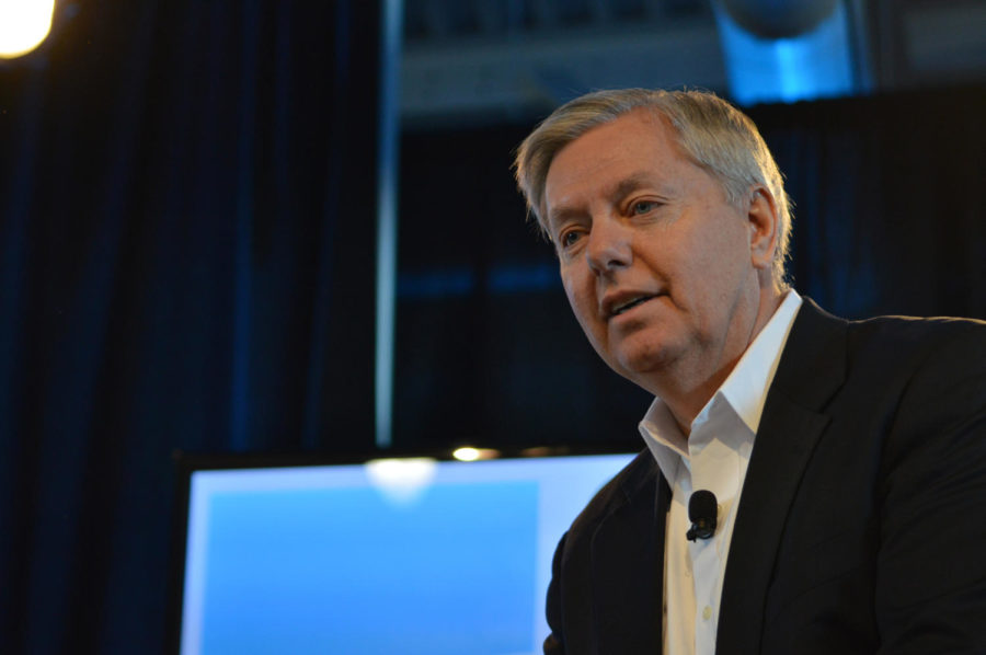 Bruce Rastetter conducts a Q&A session with U.S. Sen. Lindsey Graham about agricultural issues facing the world today. The session was a part of the 2015 Ag Summit that took place in Des Moines on March 7.