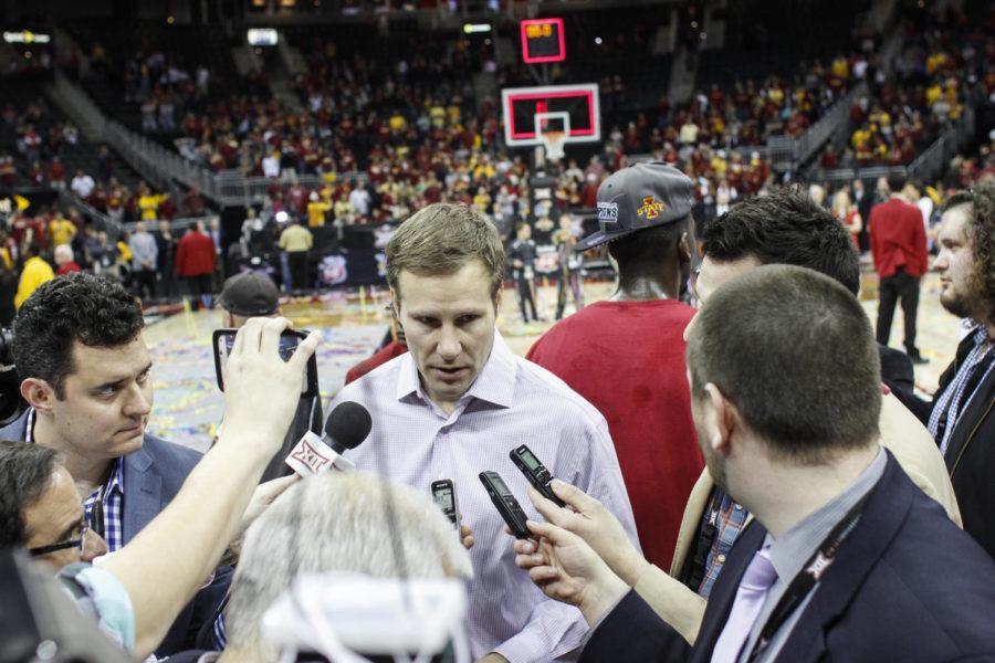 ISU coach Fred Hoiberg speaks with the media on the court after Iowa State defeated Kansas 70-66 in the 2015 Big 12 Championship final on March 14 at the Sprint Center in Kansas City, Mo.