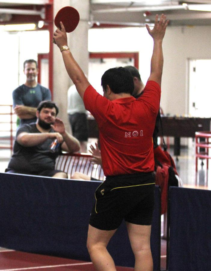 Noi Sackpraseuth celebrates after winning the final table-tennis match in the Championship division at the Iowa Games table-tennis tournament on July 18, 2015. 