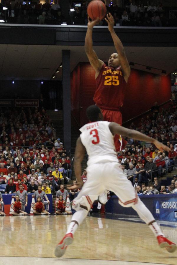 Former ISU guard Tyrus McGee shoots a 3-pointer over Ohio States Shannon Scott in the third-round game of the NCAA tournament on March 24, 2013, at the University of Dayton Arena. 