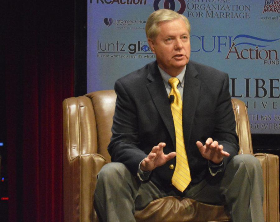 South Carolina Sen. Lindsey Graham speaks to the audience at the Family Leadership Summit on Saturday, July 18 at Stephens Auditorium.