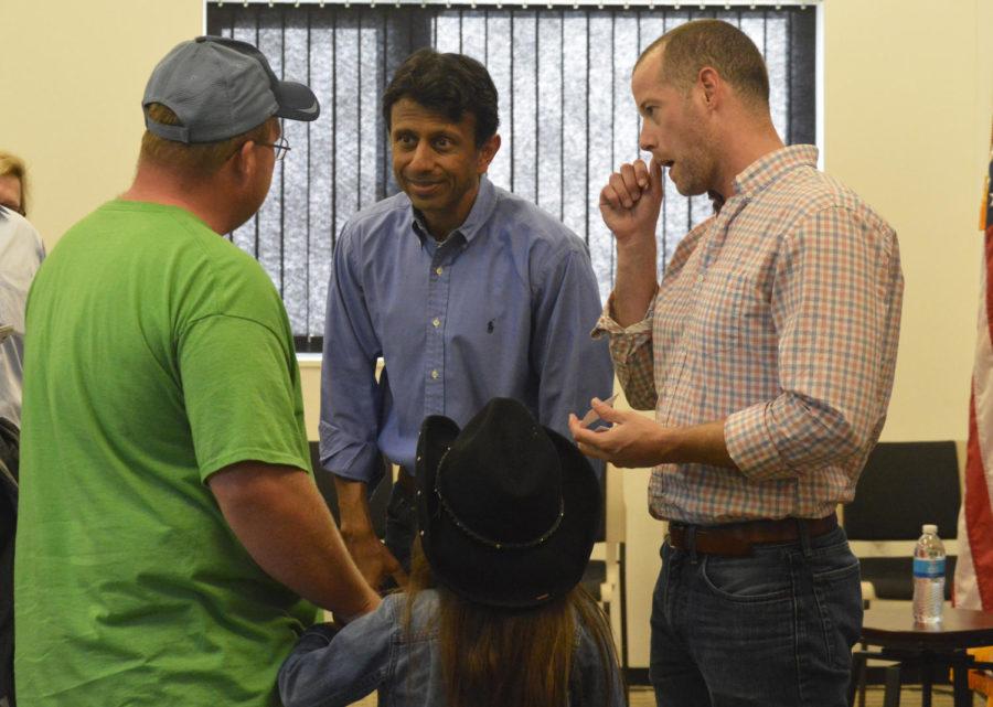 Louisiana Gov. Bobby Jindal speaks with supporters on July 21, 2015 at the Oakwood Community Center in Ames.