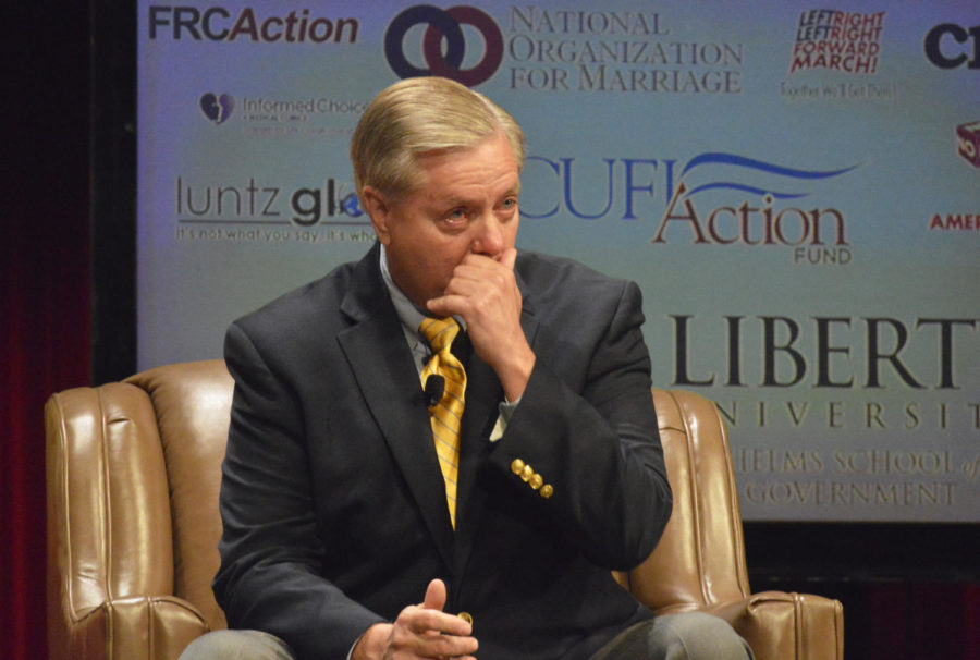 U.S. Sen. Lindsey Graham gets choked up on stage while talking about his family at the Family Leadership Summit in Stephens Auditorium on Saturday, July 18.