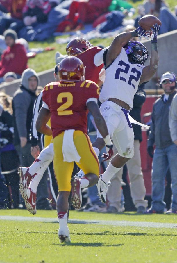 TCU then-sophomore tailback Aaron Green goes up for the catch in Iowa States Homecoming game Nov. 9, 2013, at Jack Trice Stadium. The Horned Frogs defeated the Cyclones 21-17.