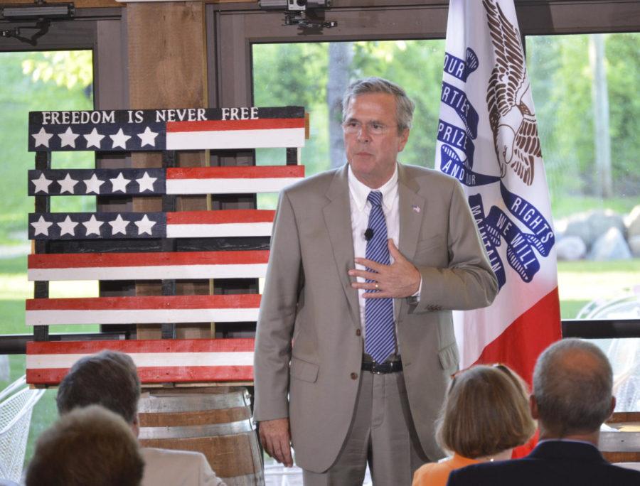 Former Florida Gov. Jeb Bush speaks to a crowd of supporters on July 13 at Prairie Moon Winery in Ames. Bush is one of 15 candidates seeking the Republican nomination for president.